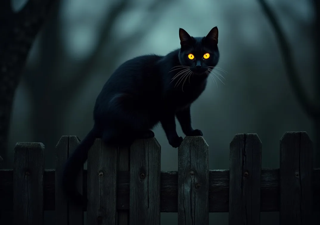 Black cat with glowing eyes on an old wooden fence
