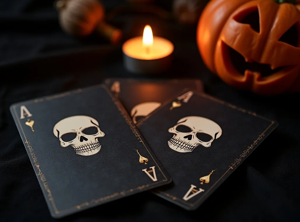 Halloween playing cards with skull designs on black surface
