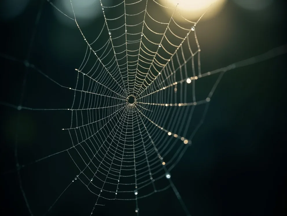 Spider web with morning dew on dark background
