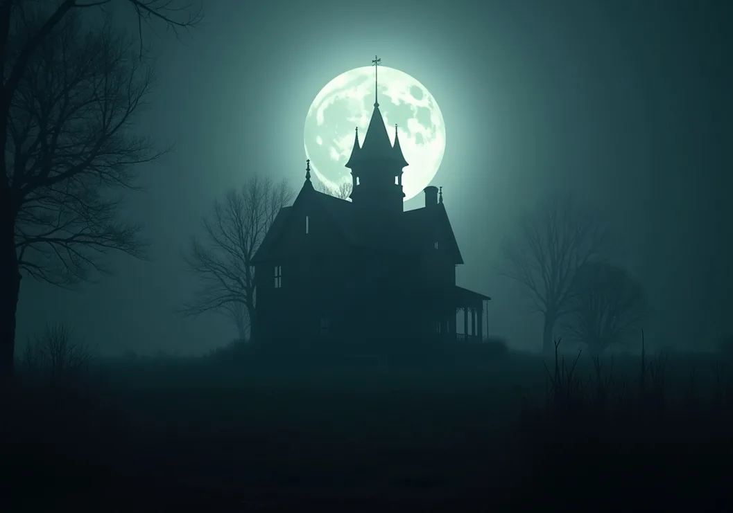 Haunted mansion silhouette against a full moon